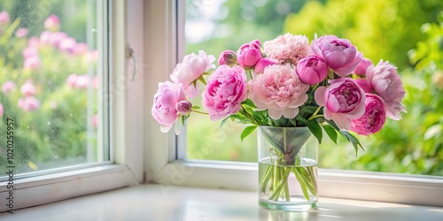 Fototapeta Naklejka Na Ścianę i Meble -  Bouquet of peonies in a glass vase on the window, aerial view