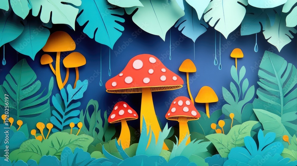 Rain soaked stunning mushrooms in a lush summer forest Lush summer forest with stunning rain soaked mushrooms Rain soaked stunning mushrooms in a lush summer forest Lush summer forest with stunning rain soaked mushrooms