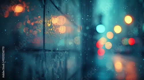 Abstract City Lights Blurred Through Raindrops on Window Pane