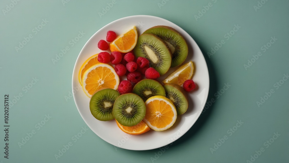 Plate of fresh fruits including oranges, kiwis, and raspberries arranged for display Plate of fresh fruits including oranges, kiwis, and raspberries arranged for display