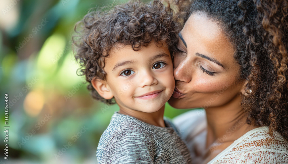 Mother is giving her young son a kiss on the cheek as he smiles Mother is giving her young son a kiss on the cheek as he smiles