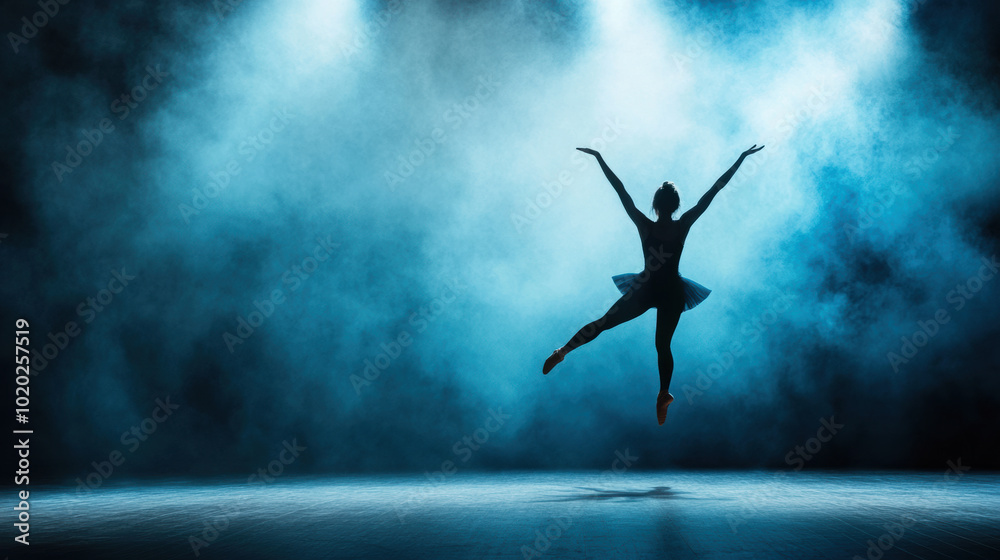 dancer gracefully performs in theater, showcasing elegance and skill against dramatic blue backdrop. atmosphere is filled with emotion and artistry, capturing essence of dance dancer gracefully performs in theater, showcasing elegance and skill against dramatic blue backdrop. atmosphere is filled with emotion and artistry, capturing essence of dance