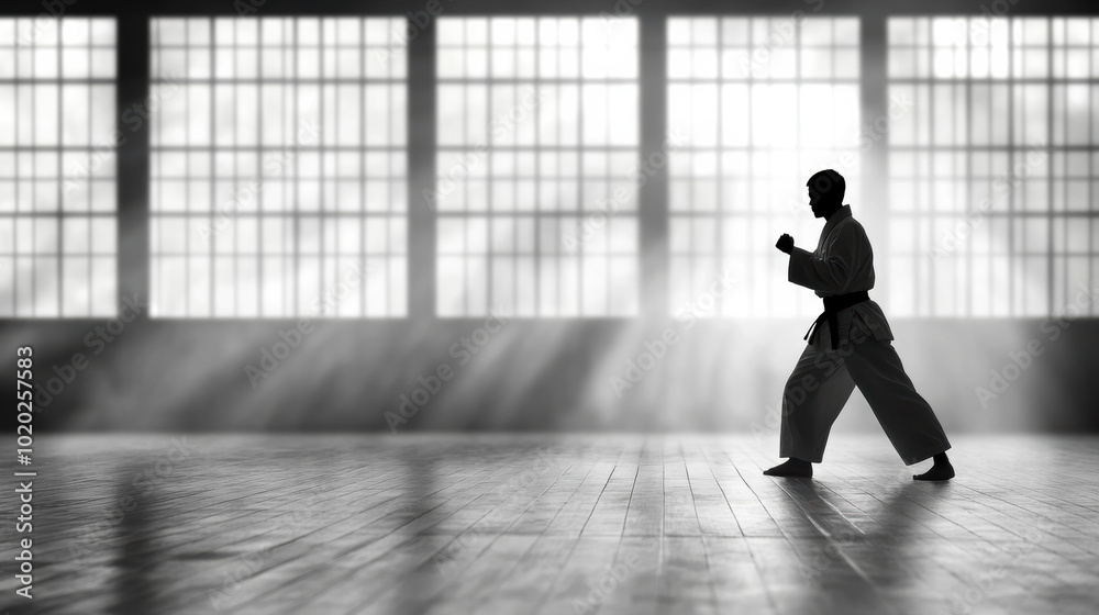 Fototapeta premium person practicing martial arts in dojo, showcasing strength and focus in serene environment. light streaming through windows adds dramatic effect to scene
