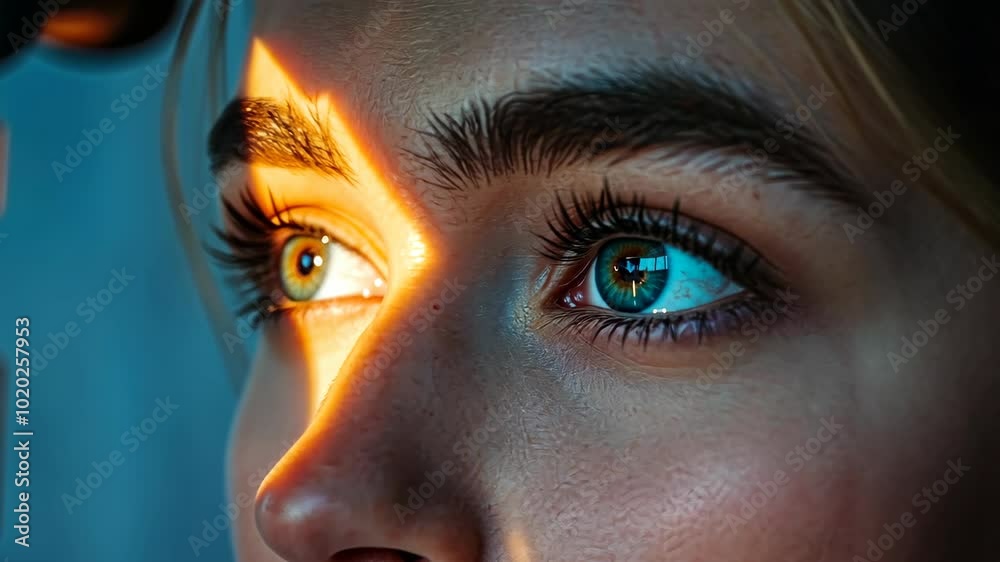 A woman's eyes are lit up by a bright light, casting a warm glow on her face A woman's eyes are lit up by a bright light, casting a warm glow on her face