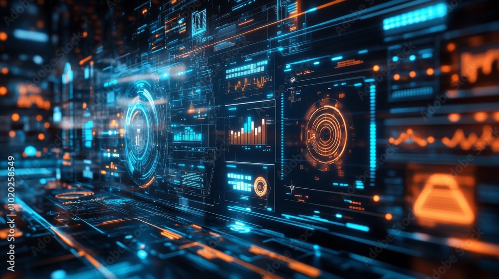 Fototapeta premium Futuristic Digital Interface with Glowing Blue and Orange Displays