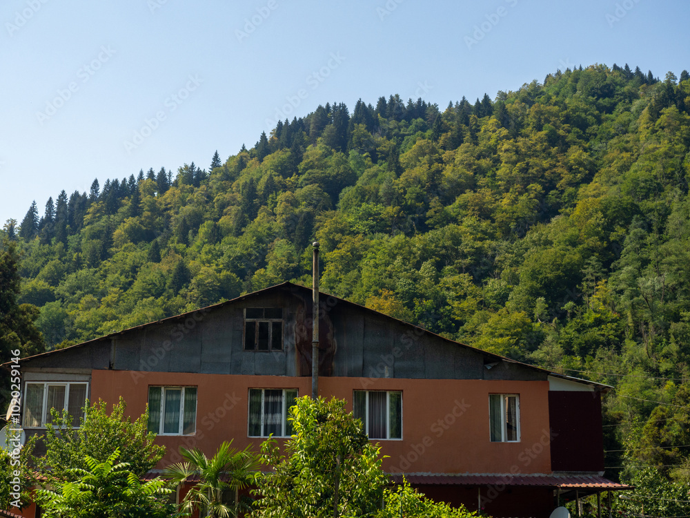 Old house on the background of green hills. Life in nature. Cottage in nature.