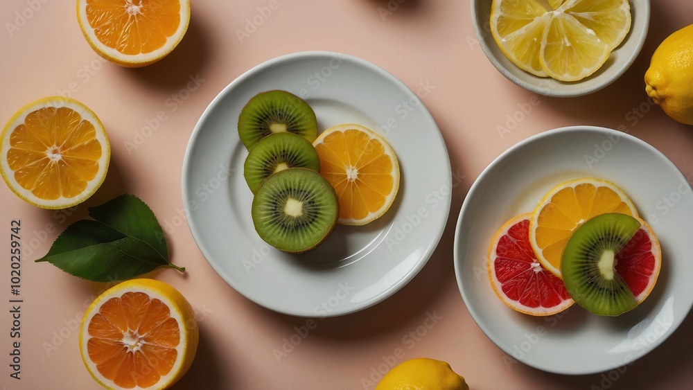 Neatly sliced citrus fruits and whole lemons, limes with sprig of mint on white plates
