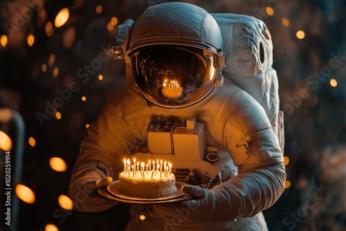 An astronaut holding a glowing cake, the light reflecting off the visor, surrounded by a dreamy glow photo