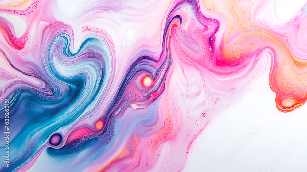 Fototapeta premium A unique pink and blue pattern on a white background. A multi-colored whirlpool of watercolor paints with the addition of blue, pink and orange tones. Stylish background for the design