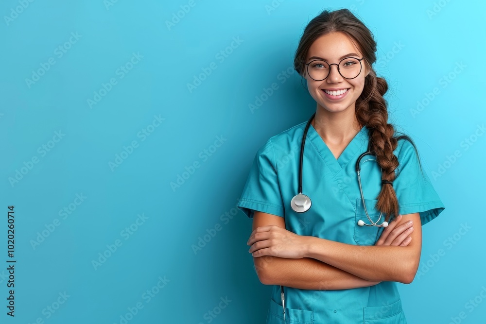 Female dentist with glasses holding tools against a blue background for text inscriptions Female dentist with glasses holding tools against a blue background for text inscriptions