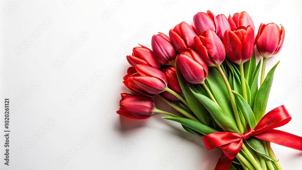 Bouquet of tulips with ribbon on white background, close-up Bouquet of tulips with ribbon on white background, close-up