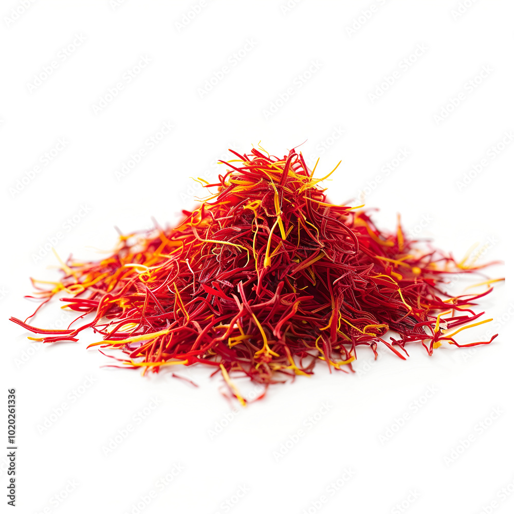 Naklejka premium Dried saffron threads. Bunch of saffron stamens on white background. Spices. Saffron stigmas heap. High resolution photo