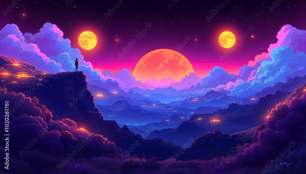 Naklejka premium a painting of a night scene with a man standing on a cliff.