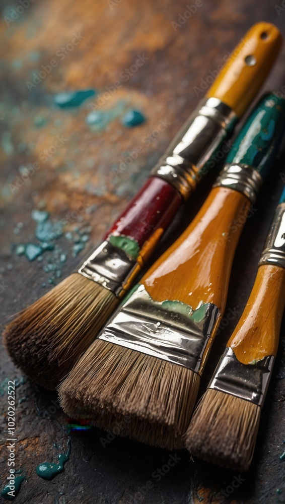 Fototapeta premium Paintbrushes on textured background with blue and white paint strokes