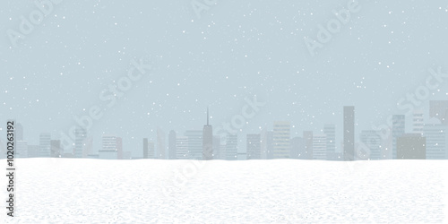 Cityscape with snowfall graphic illustration have blank space. Buildings silhouette against the sky in winter season flat design.