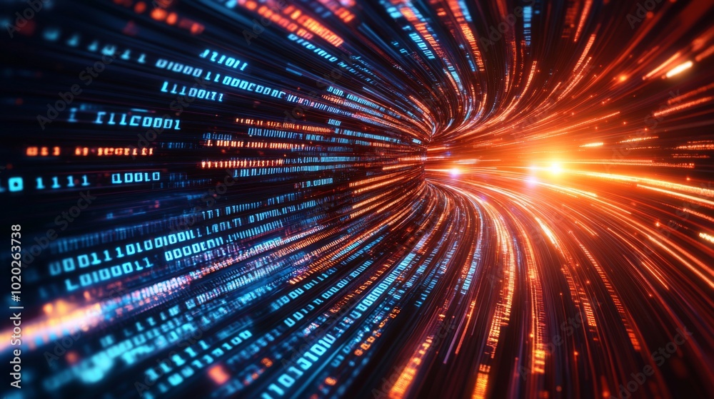 Binary Code Tunnel with Bright, Blurry Orange and Blue Lights Binary Code Tunnel with Bright, Blurry Orange and Blue Lights