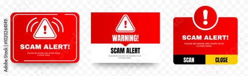 Scam alert warning icon notification with red background. pop up. vector