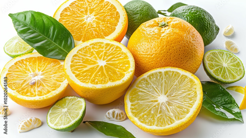 A Colorful Arrangement of Sliced Citrus Fruits and Green Leaves A Colorful Arrangement of Sliced Citrus Fruits and Green Leaves