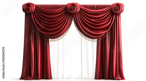 Fototapeta A pair of elegant, red velvet curtains with a draped swag and golden tassels.