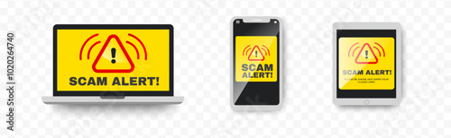 Scam alert warning notification icon banner with yellow background. pop up. vector
