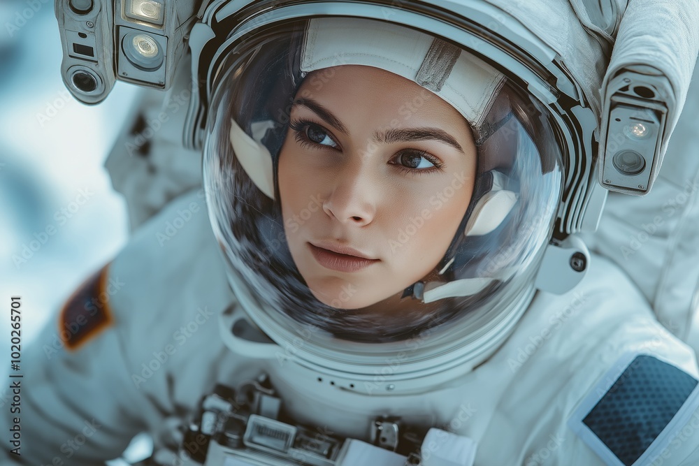 A woman in an astronaut suit, gazing ahead through her visor, surrounded by a futuristic glow A woman in an astronaut suit, gazing ahead through her visor, surrounded by a futuristic glow