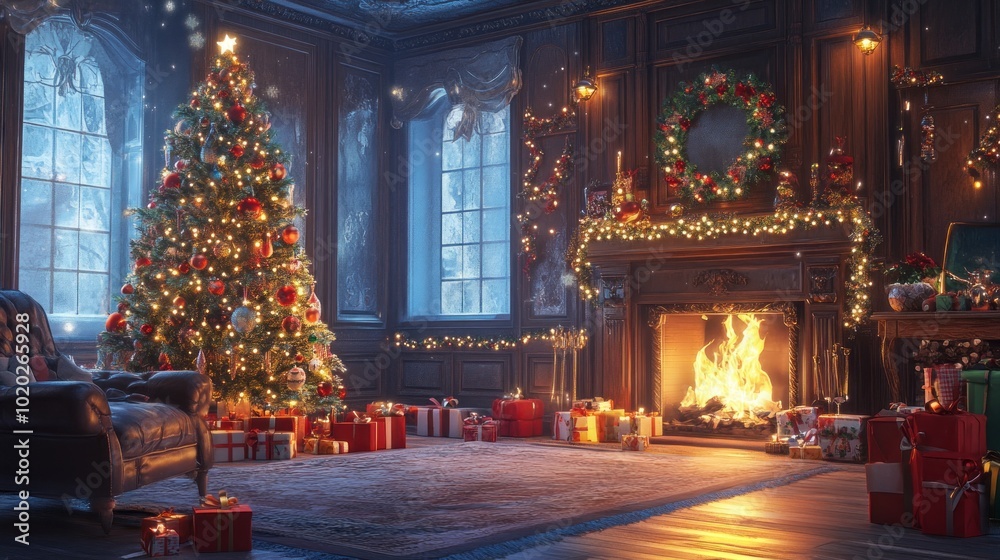 Cozy christmas interior with a glowing christmas tree, warm fireplace, and festive gifts creating a magical holiday atmosphere in a dark, elegant living room, perfect for celebrating the joy of christ Cozy christmas interior with a glowing christmas tree, warm fireplace, and festive gifts creating a magical holiday atmosphere in a dark, elegant living room, perfect for celebrating the joy of christ