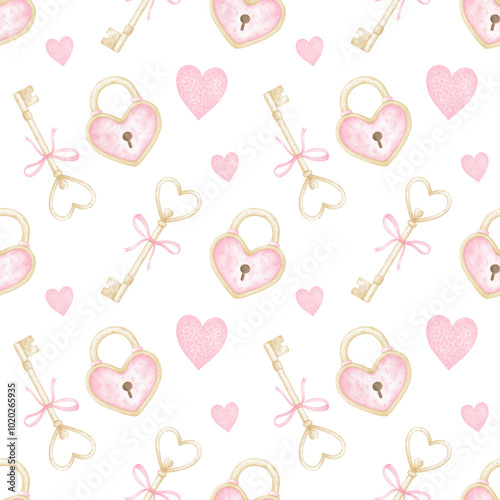 locks, keys, hearts. Watercolor seamless pattern on white background in pastel colors for textile and wrapping paper. Cute illustration for Valentine's Day