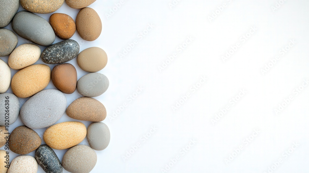 Serene Pebbles on White Surface, a calming arrangement of smooth stones symbolizing tranquility, ideal for wellness themes and minimalist design, inviting peace and mindfulness Serene Pebbles on White Surface, a calming arrangement of smooth stones symbolizing tranquility, ideal for wellness themes and minimalist design, inviting peace and mindfulness