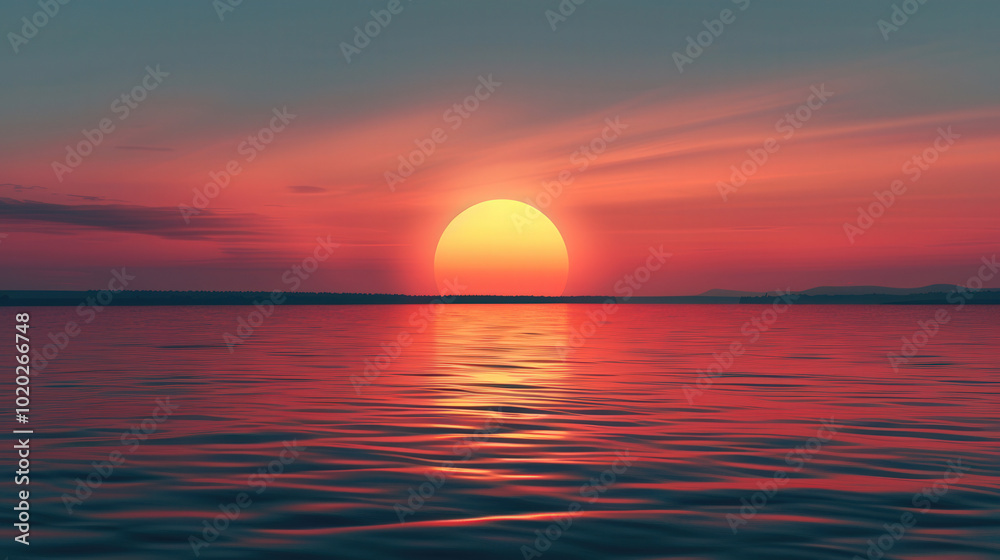 Serene Sunset Reflection, a tranquil scene where the sun descends over calm waters, casting a warm glow that dances on the surface, embracing nature's peaceful beauty. Serene Sunset Reflection, a tranquil scene where the sun descends over calm waters, casting a warm glow that dances on the surface, embracing nature's peaceful beauty.