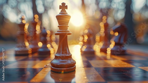 A Wooden Chess King Stands Tall in the Evening Sun on a Chessboard