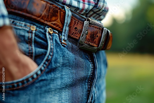 Close up view of a beige leather belt on a man s jeans with selective focus for fashion detail photo