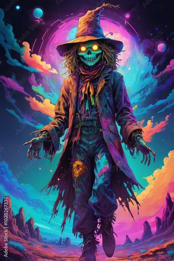 Fototapeta premium Scary scarecrow wearing wizard hat walking in psychedelic desert under the moon