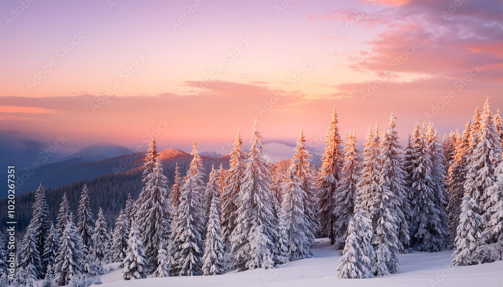 A stunning view of a snowy mountain forest at sunset, with tall evergreen trees covered in white snow and a pink-hued sky above.