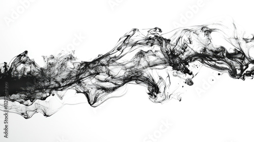 Black watercolor ink bends in water on a white background. A black smoke trail is visible in the picture. Cigarette smoke is thick and dark. An abstract element