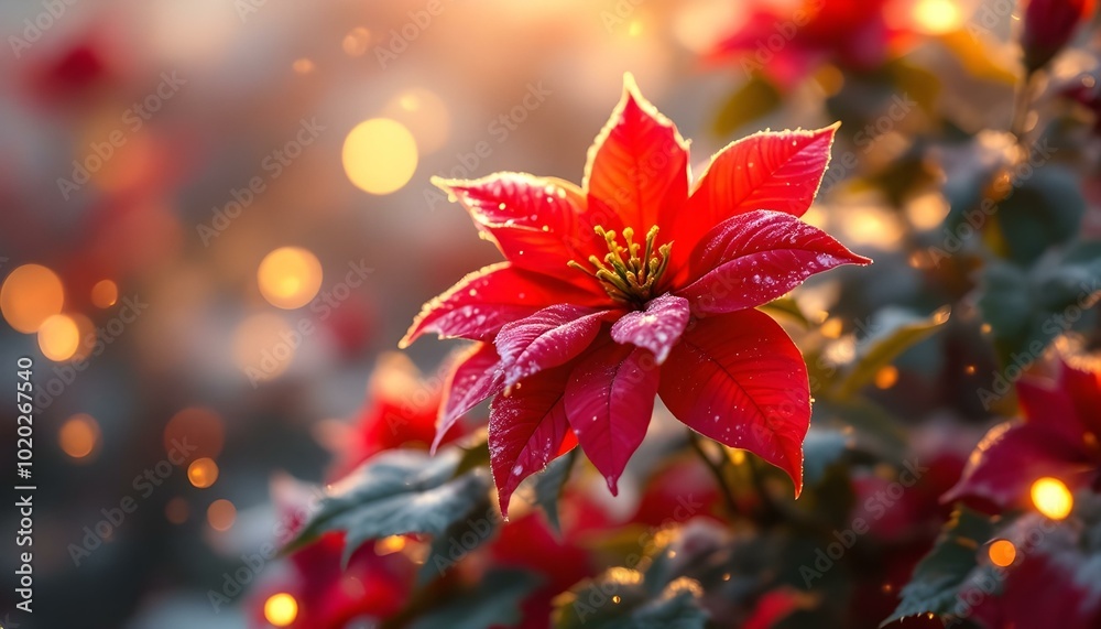 Delicate winter background featuring a red flower, adding a touch of warmth and color to the serene snowy scene