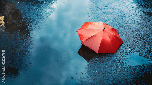 A red umbrella lays in a puddle of rainwater on a wet asphalt surface.