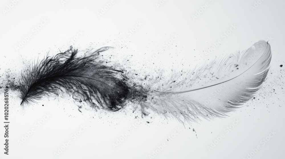 Fototapeta premium Two Feathers in Flight, One Black, One White, Exploding into Dust