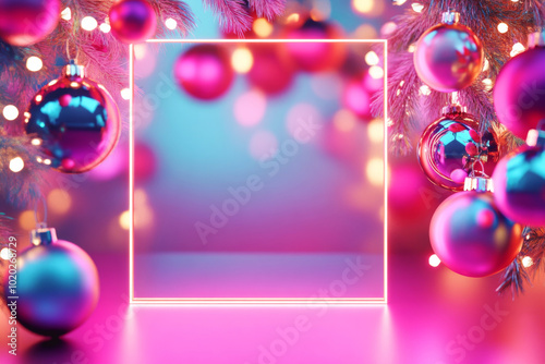 Christmas background with shiny metallic balls tree and glowing lights. Festive decorations with neon colored gradients photo