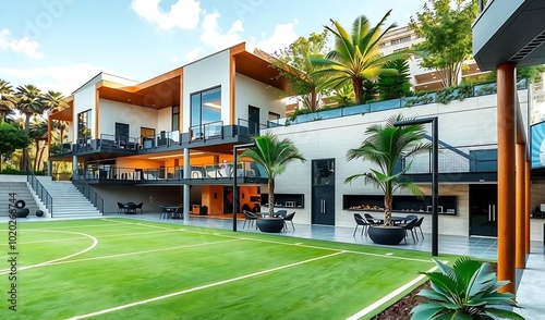 A green sports field, a bright resort, and palm trees photo