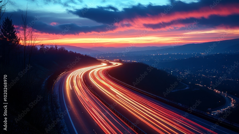 A winding highway with blurred lights from speeding cars at sunset. A winding highway with blurred lights from speeding cars at sunset.