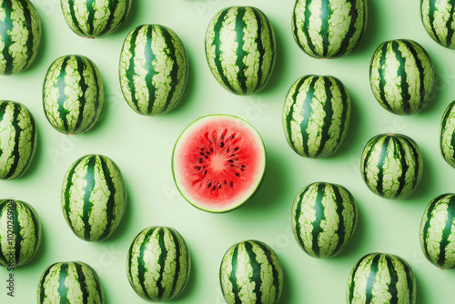Obraz na płótnie Top view of sliced watermelon with vibrant red flesh surrounded by whole green watermelons on market stall w salonie