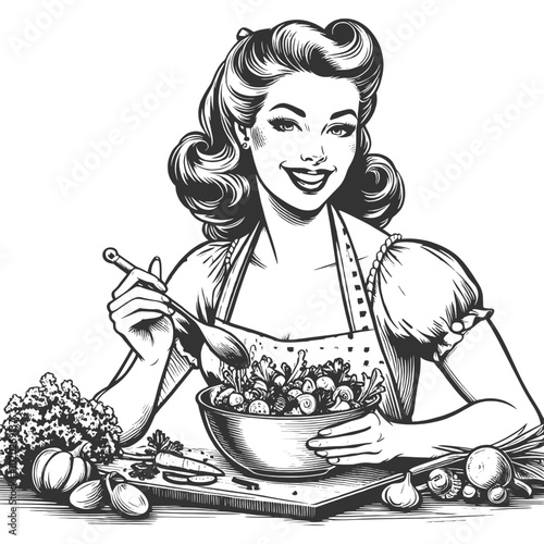 woman mixing a salad in the kitchen, surrounded by fresh vegetables, in classic retro fashion sketch engraving generative ai vector illustration. Scratch board imitation. Black and white image.