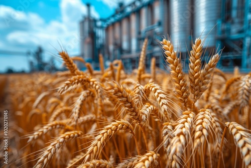 Vibrant yellow grain field with industrial silos set against a clear blue sky background photo