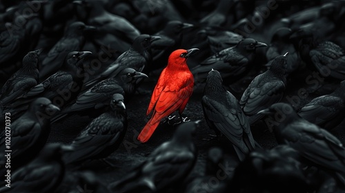 A red crow standing in the center of a dark flock of black crows, highlighting the concept of standing apart and embracing individuality