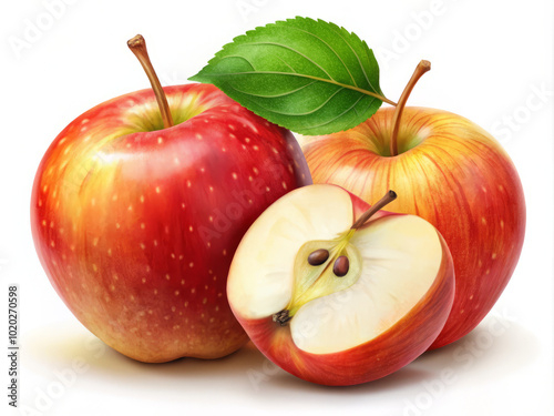 Juicy Braeburn apples, one whole and one sliced, showcase vibrant red and yellow hues with fresh green leaf. Their crisp texture and sweet flavor evoke sense of freshness and health