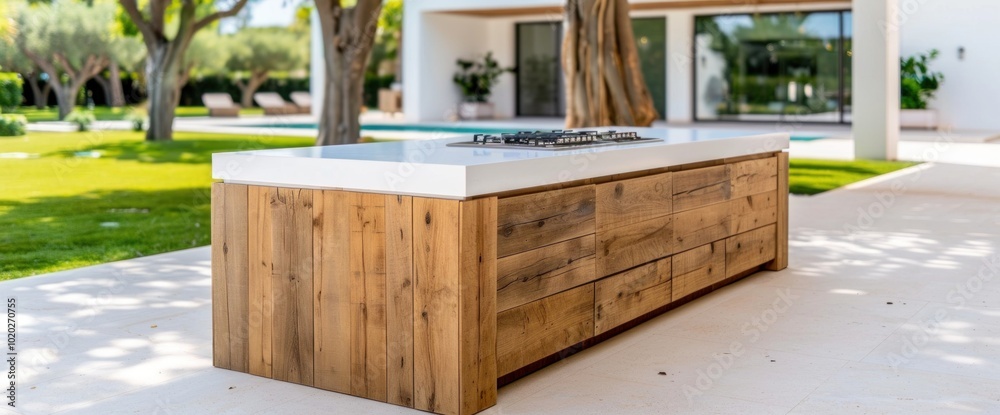 Stylish Outdoor Kitchen Island with Modern Design and Natural Wood Finish Stylish Outdoor Kitchen Island with Modern Design and Natural Wood Finish