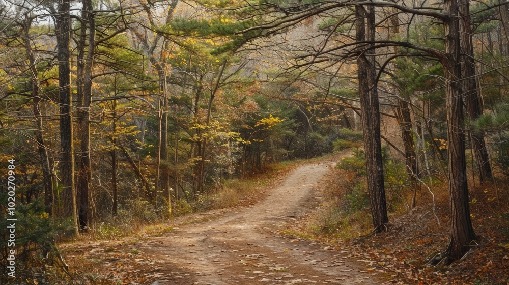 Naklejka premium Autumn Forest Path Through Golden Trees
