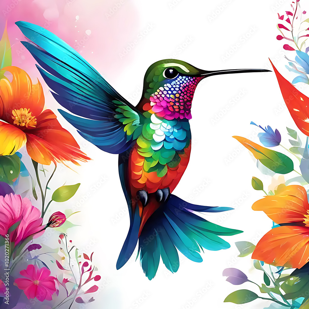 Little bird Hummingbird close-up with a flowers painted on a light background abstract decorative painting Little bird Hummingbird close-up with a flowers painted on a light background abstract decorative painting