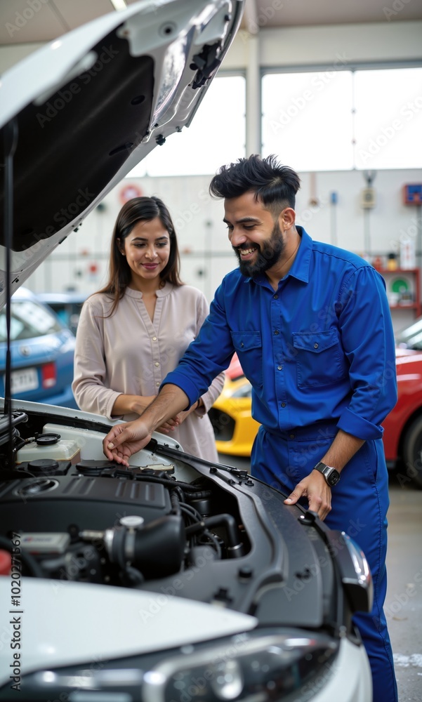 Fototapeta premium Indian Mechanic Explaining Car Repair Process to Female Customer at Garage Workshop