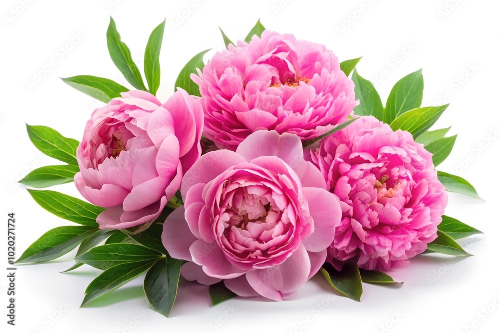 Fototapeta premium Fresh pink peony flowers with green leaves, cut out on white